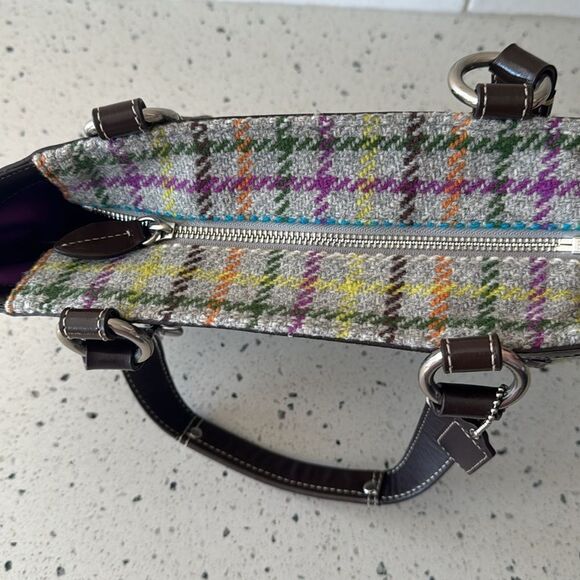 COACH Penelope Wool Tattersall Tweed Leather Trim Tote Shoulder Hand Bag Top Zip - Picture 8 of 13